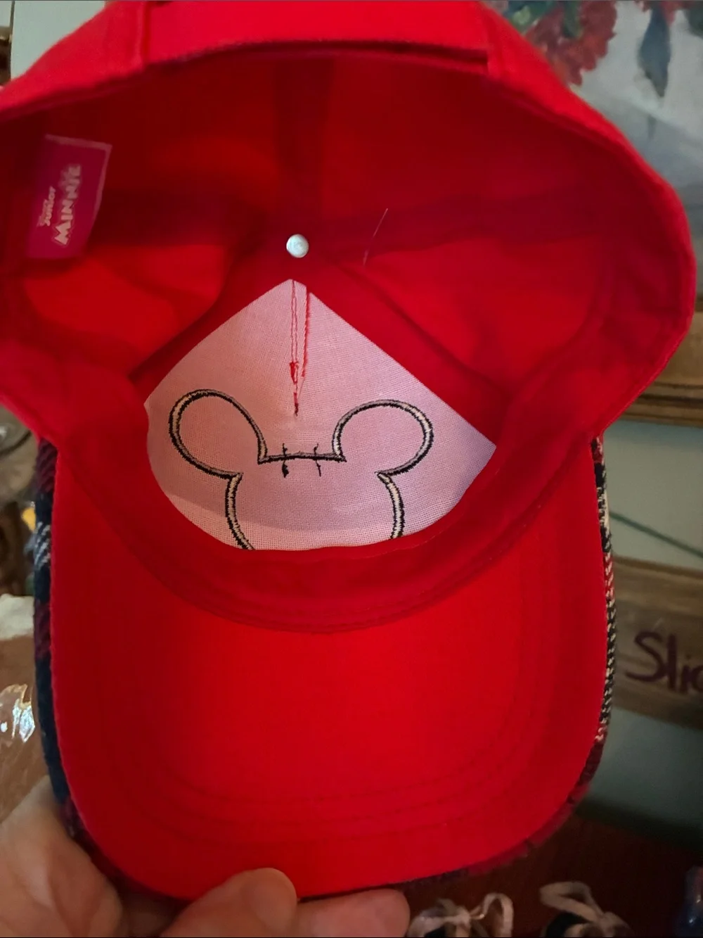 Disney Red Plaid Bow Kids Baseball Cap Adjustable back